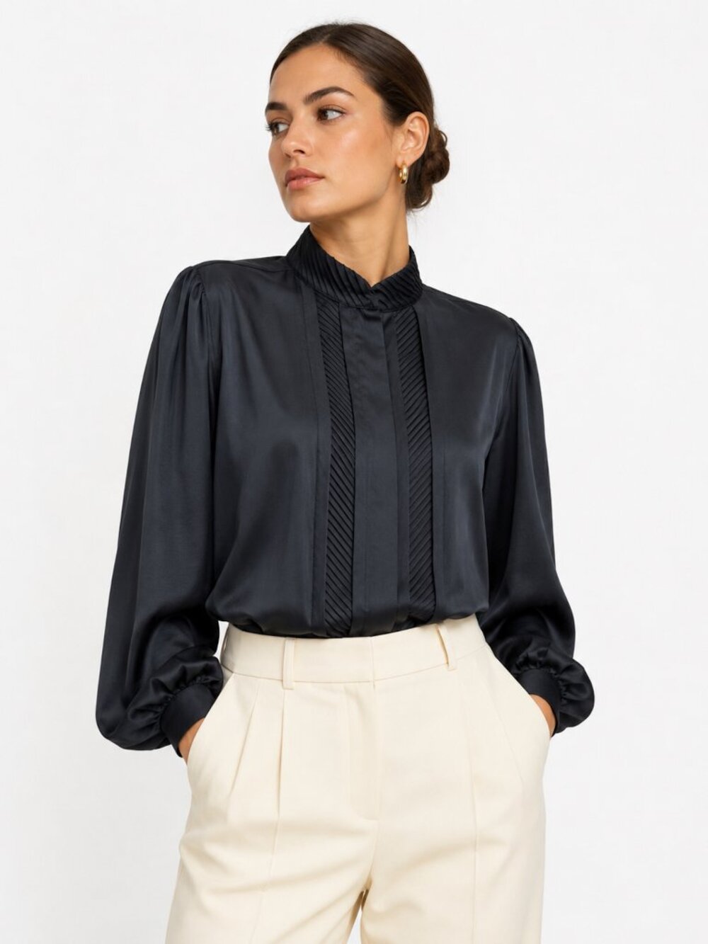 70s Black Silky Secretary Blouse